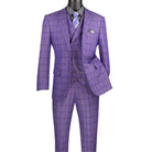 Men's purple windowpane plaid 3-piece modern fit suit with double-breasted vest