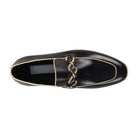 black moc toe leather slip-on shoe with woven strap top view