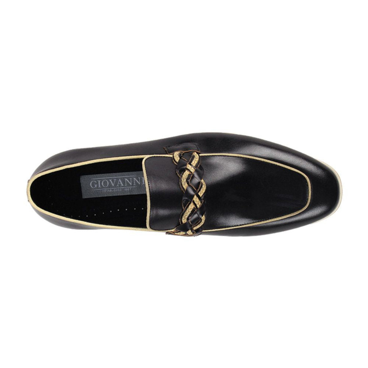 black moc toe leather slip-on shoe with woven strap top view