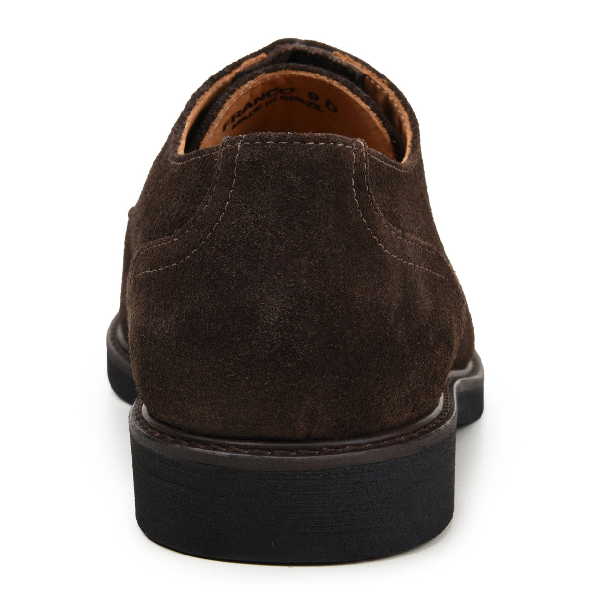 Back view of chocolate brown Italian suede Derby shoe
