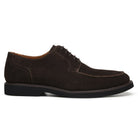 Side profile of chocolate brown suede lace-up dress shoe