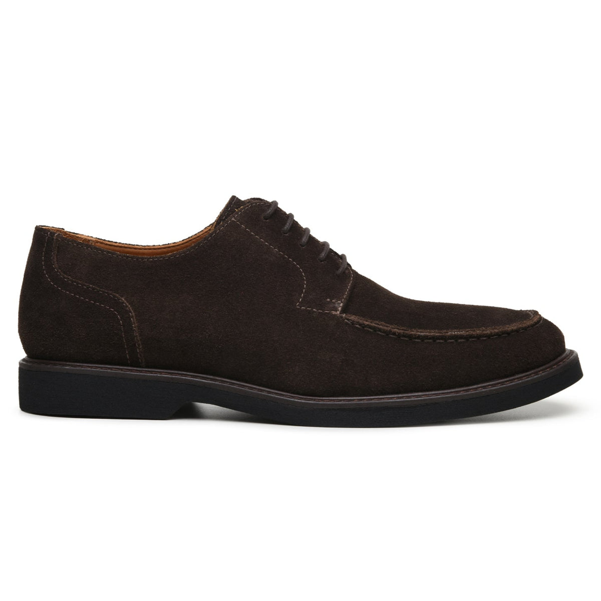 Side profile of chocolate brown suede lace-up dress shoe