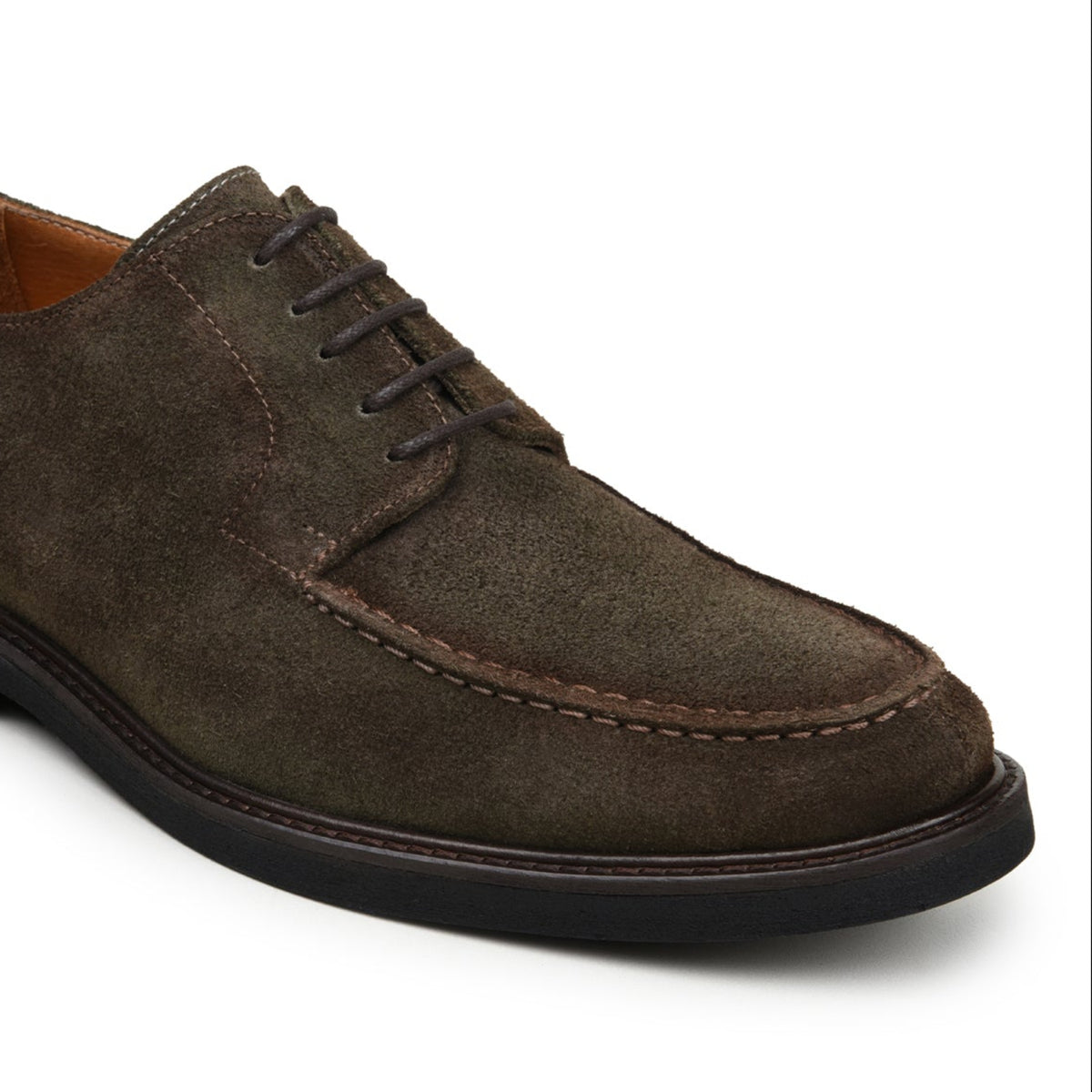 Angled view of olive Italian suede Derby shoe