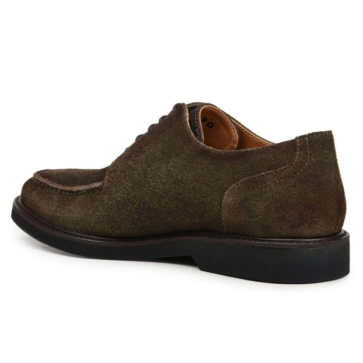 Olive suede Derby shoe with apron-toe stitching