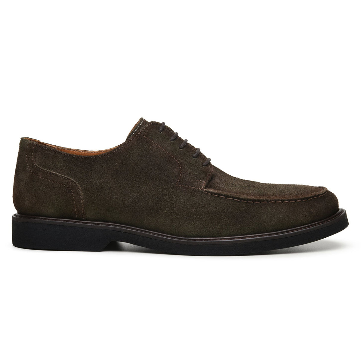 Side profile of olive suede lace-up dress shoe