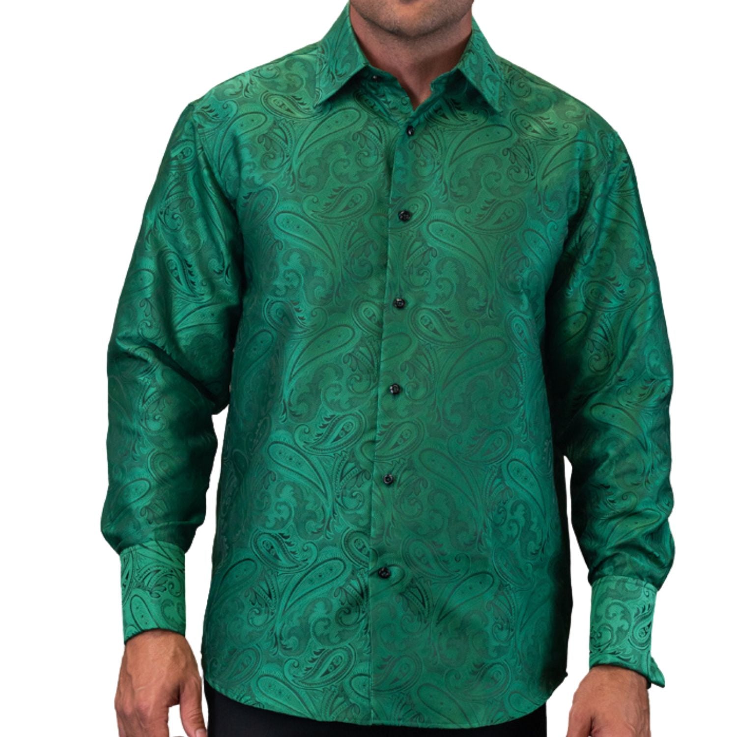 High-Quality Forest Green Fancy Woven Long Sleeve Shirt, 2X-LARGE