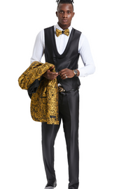 Exquisite Collection: Men's Paisley Shawl Collar 3-Pc Suit In Gold/black- Slim Fit