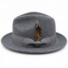 grey Montique Lightfelt wide brim wool felt fedora hat side view with pinch crown and black grosgrain band