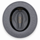 Grey Lightfelt wide brim wool felt pinch crown fedora hat by Montique interior view with branded lining and black sweatband