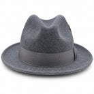 Grey Lightfelt 2 1/2 inch wide brim pinch crown fedora hat by Montique front view with grosgrain bow and feather accent