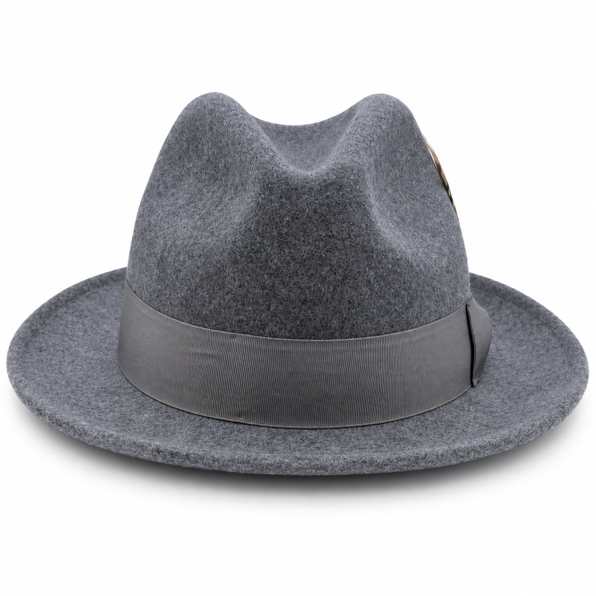 Grey Lightfelt 2 1/2 inch wide brim pinch crown fedora hat by Montique front view with grosgrain bow and feather accent