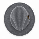 Grey Lightfelt 2 1/2 inch wide brim wool felt pinch crown fedora hat by Montique top view with feather accent