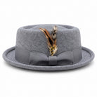 grey pork pie wool felt hat by Montique side view with tonal grosgrain band and rolled brim