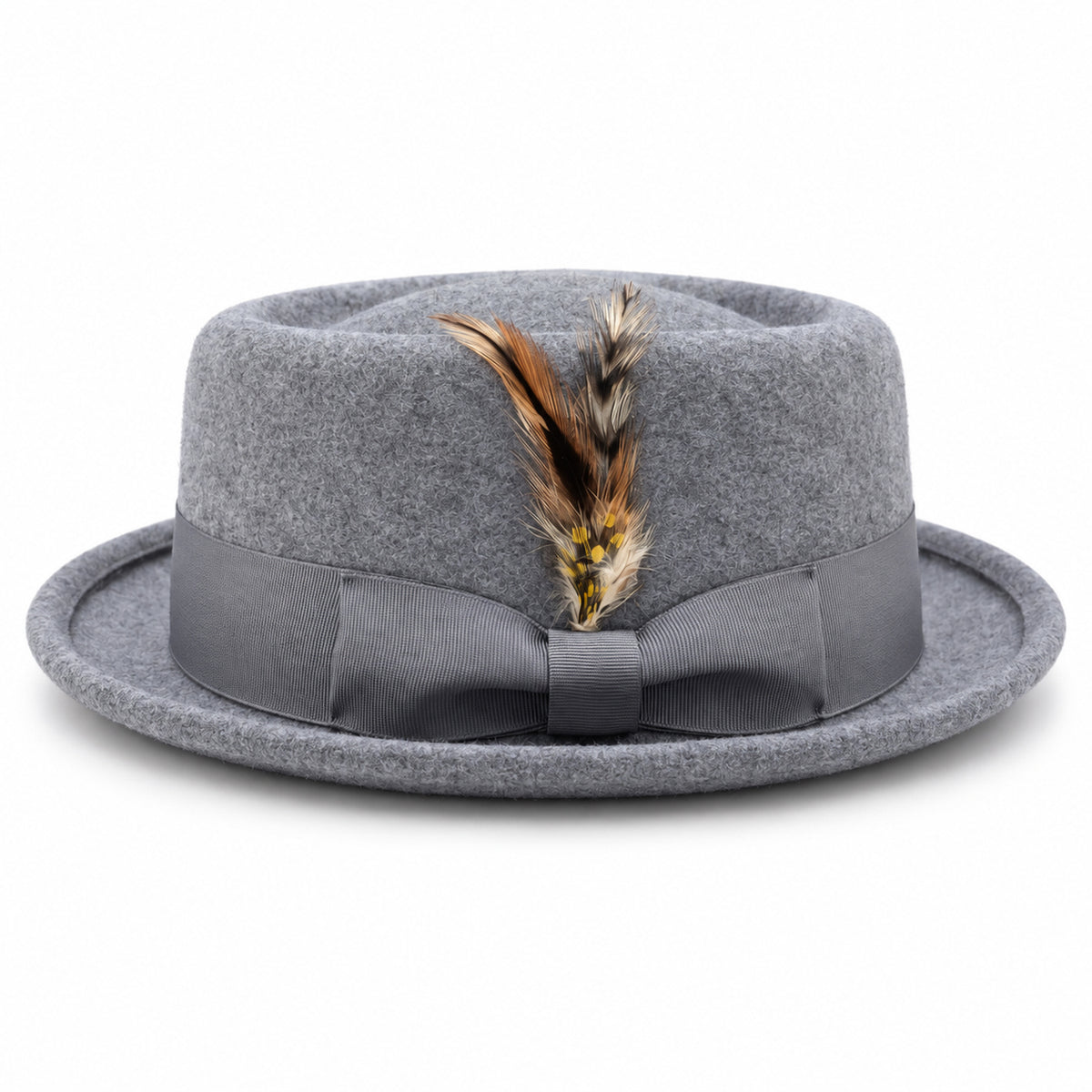 grey pork pie wool felt hat by Montique side view with tonal grosgrain band and rolled brim