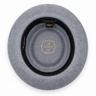 grey pork pie wool felt hat by Montique interior view with branded lining and black sweatband