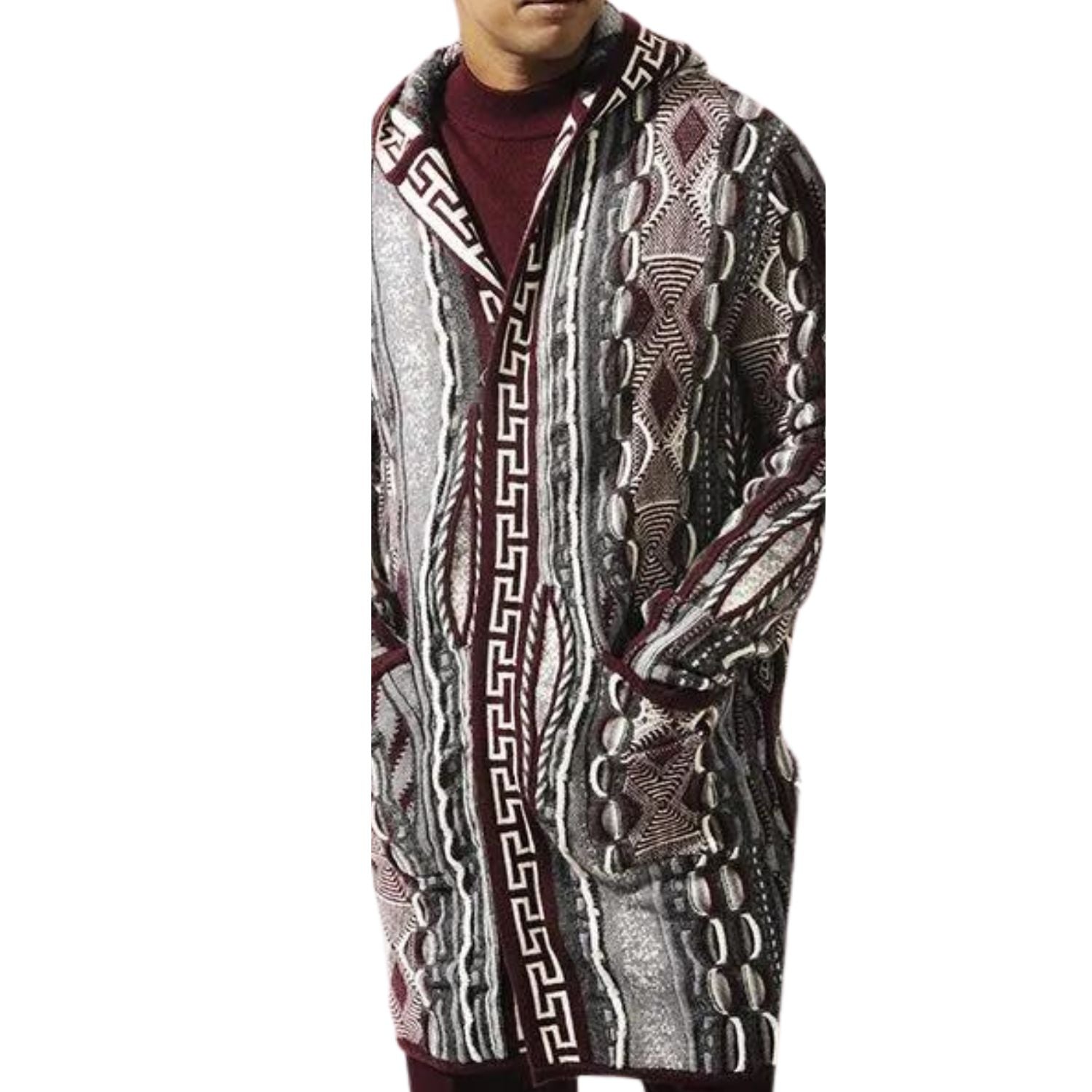 Close up view of grey wool blend sweater jacket with textured winter pattern and hood