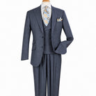 Front view of men’s grey windowpane 100% wool three-piece suit with double-breasted vest and pleated trousers