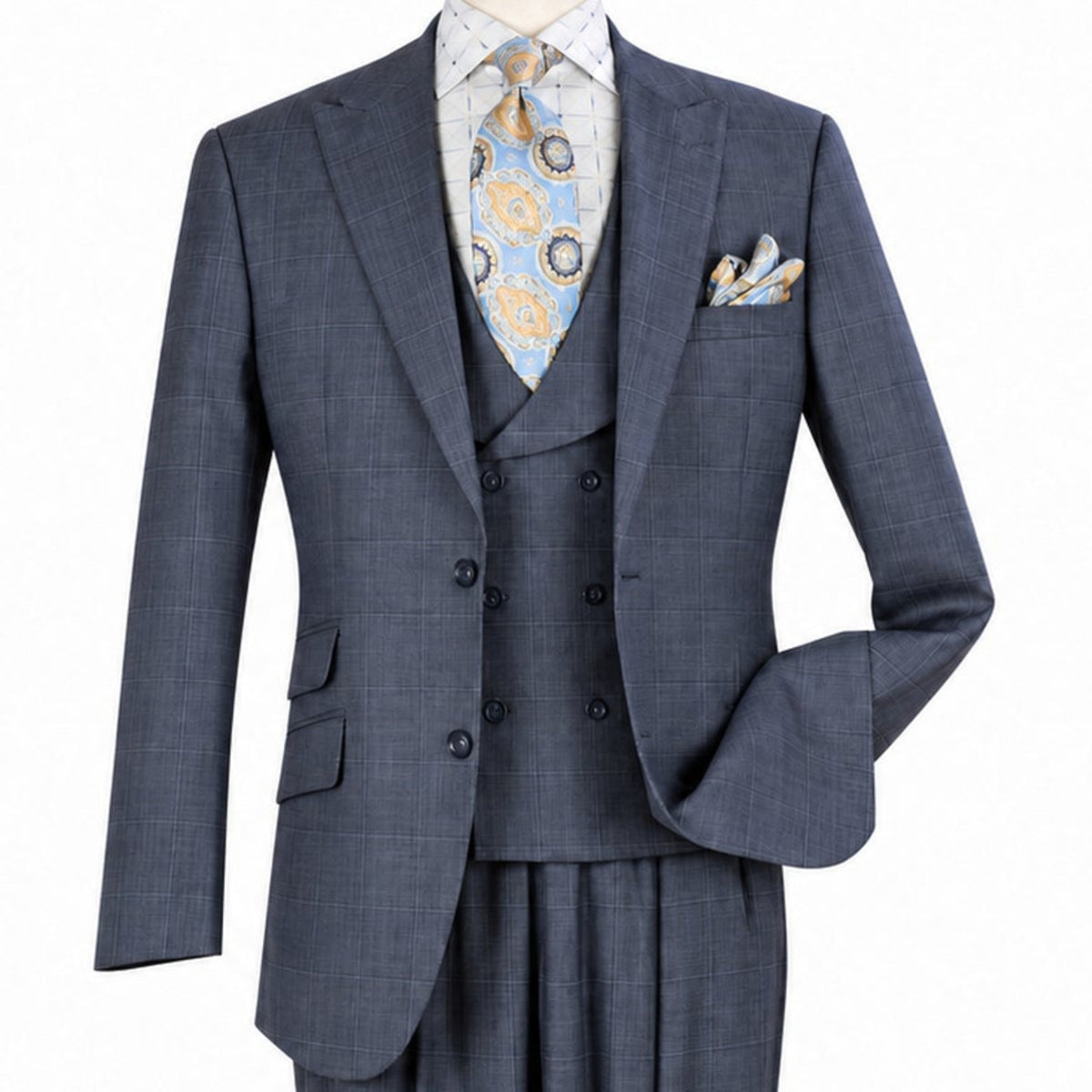 Three-quarter view of men’s grey windowpane three-piece suit showing the two-button jacket and matching vest