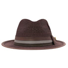 Montique brown straw fedora hat front view with pinch crown and layered ribbon band