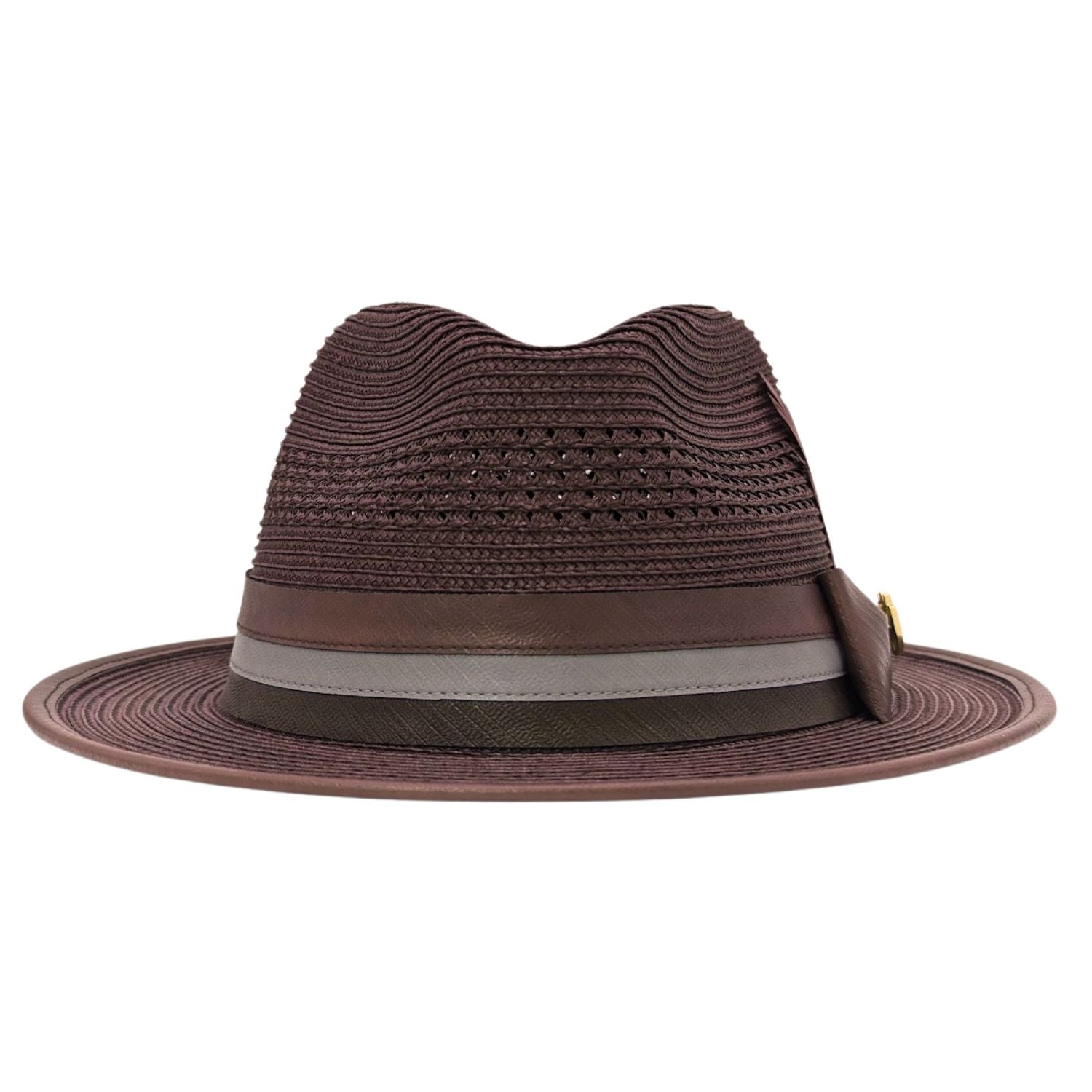 Montique brown straw fedora hat front view with pinch crown and layered ribbon band