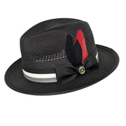 Montique Black Mesh Braided Fedora with Stripe Trim