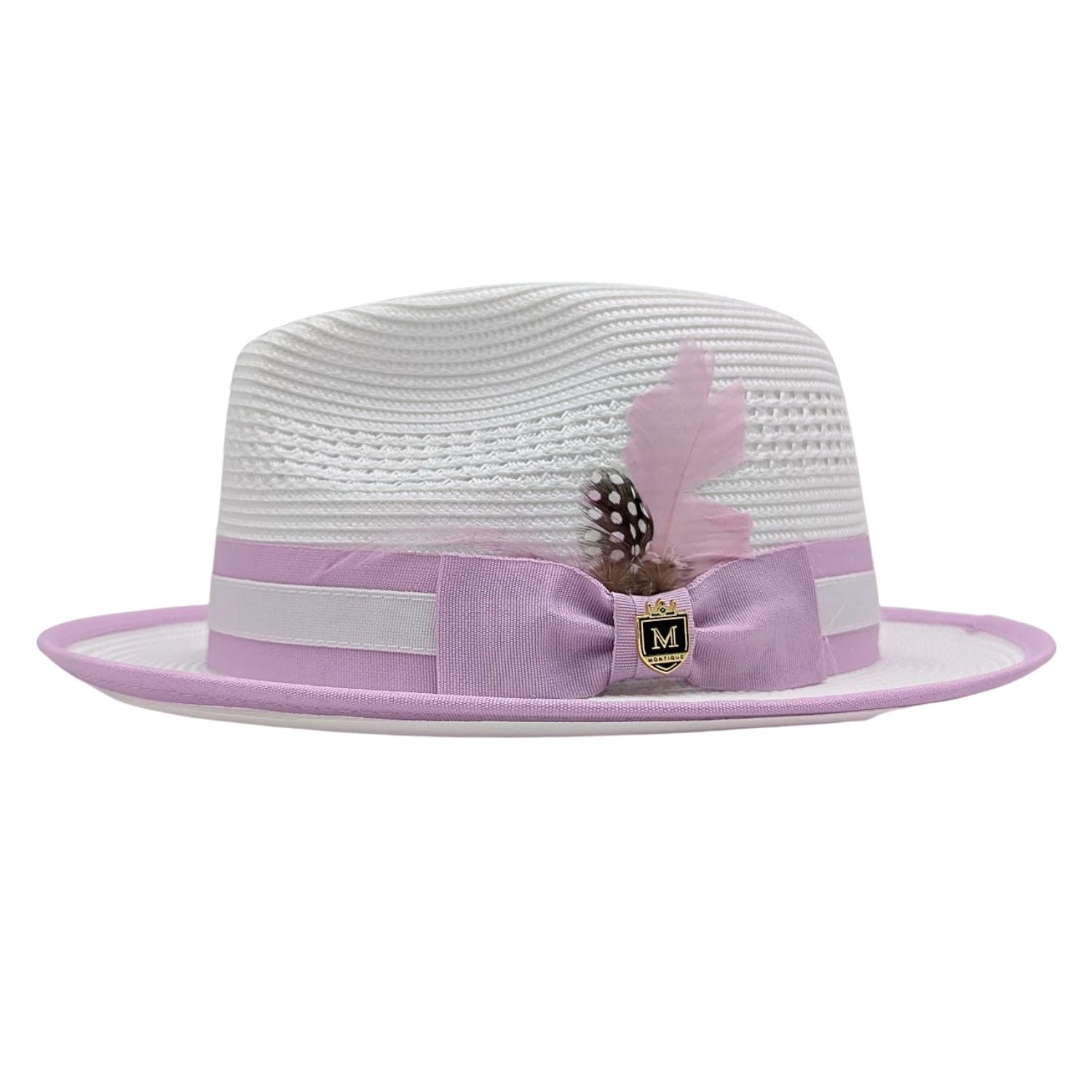 White and lavender Montique fedora hat side view with lavender bow, feather detail, logo pin, open weave crown, and lavender brim edge