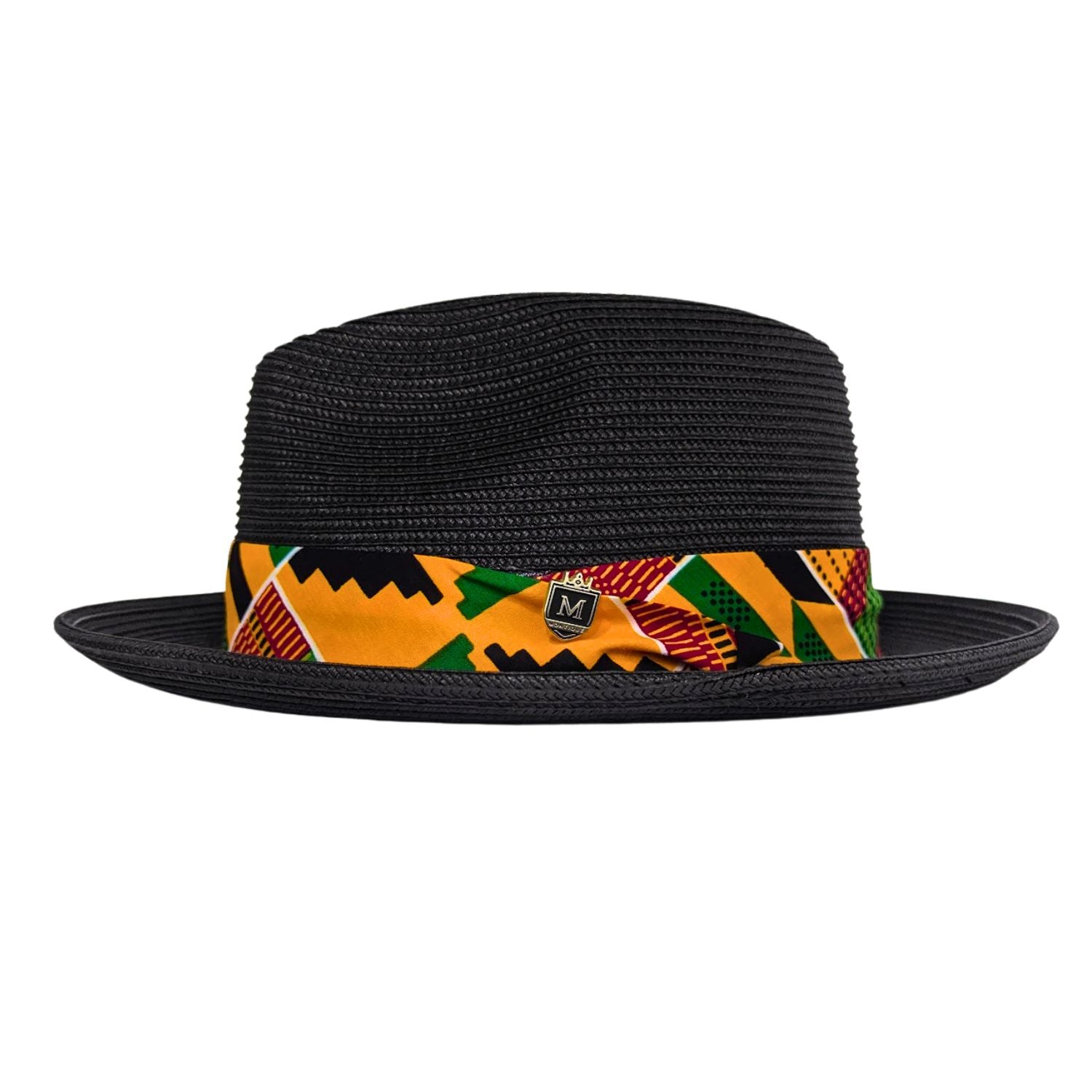side view of black men’s fedora hat with colorful African-inspired patterned band and Montique pin