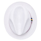 Montique white straw pork pie hat top view with multicolor band detail