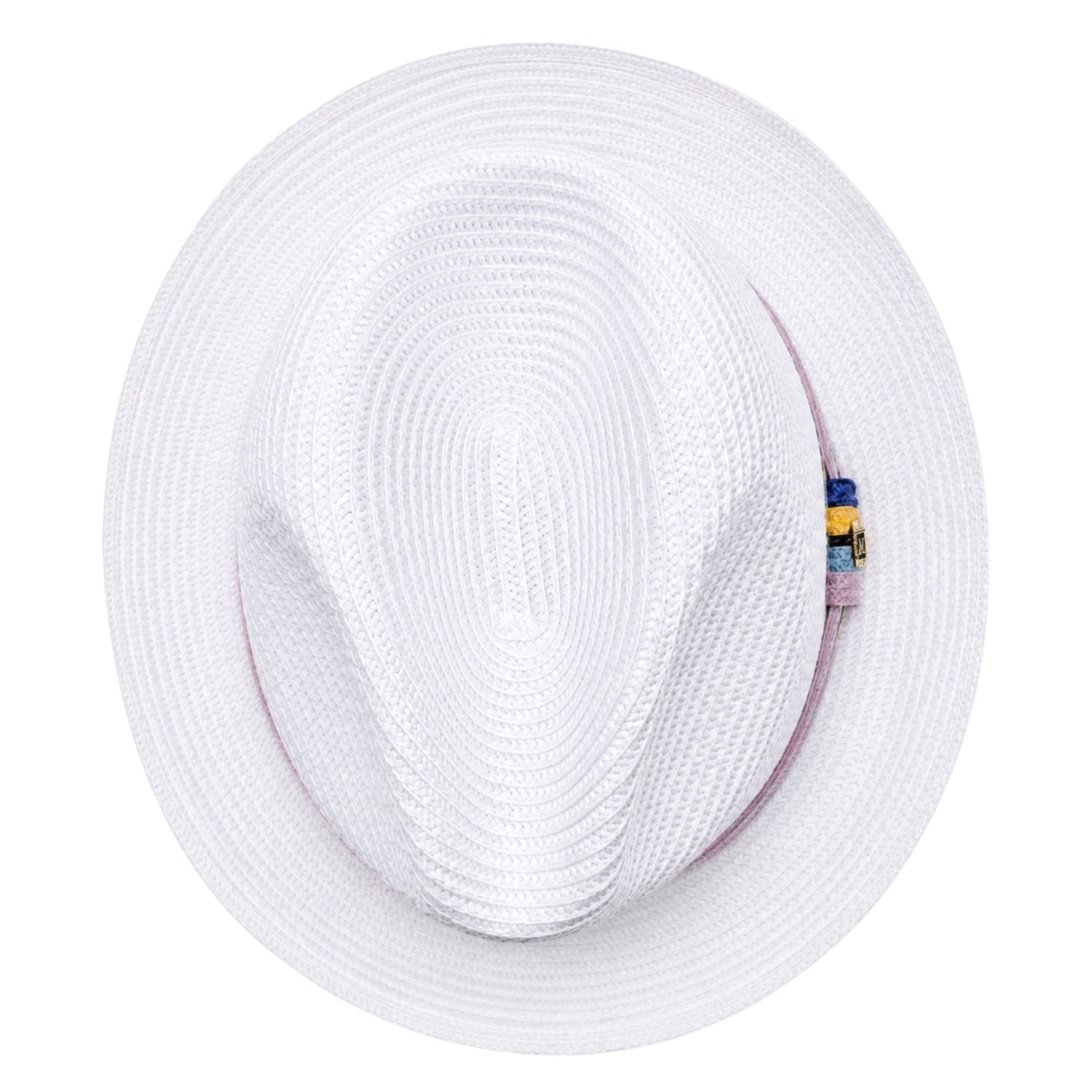 Montique white straw pork pie hat top view with multicolor band detail