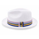 Montique white straw pork pie hat side view with multicolor striped band