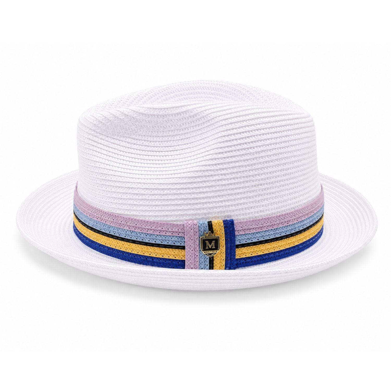 Montique white straw pork pie hat side view with multicolor striped band
