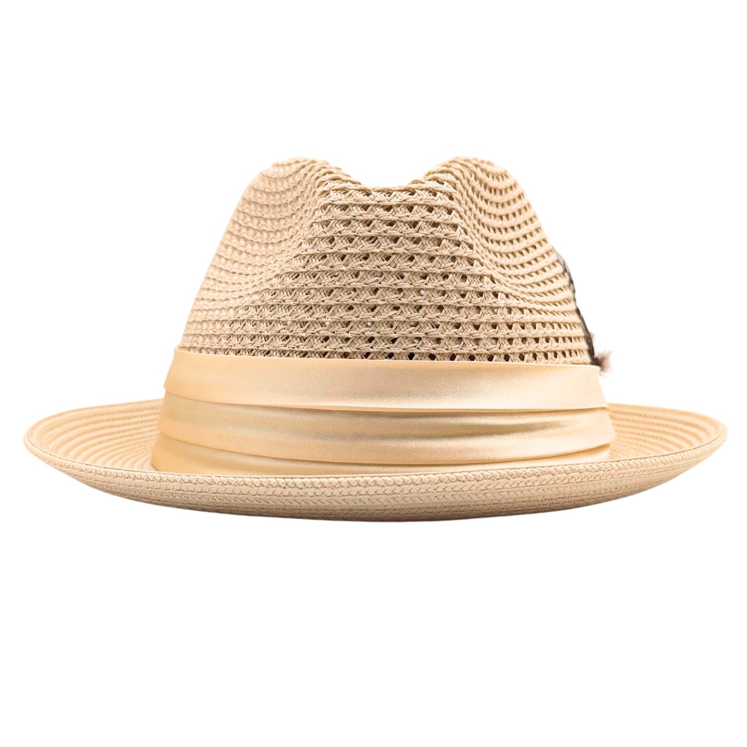 Beige Montique fedora hat front view with feather accent, satin ribbon band, logo pin, and open weave crown