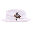 White Montique fedora hat side view with open weave crown, satin ribbon band, logo pin, and clean white brim