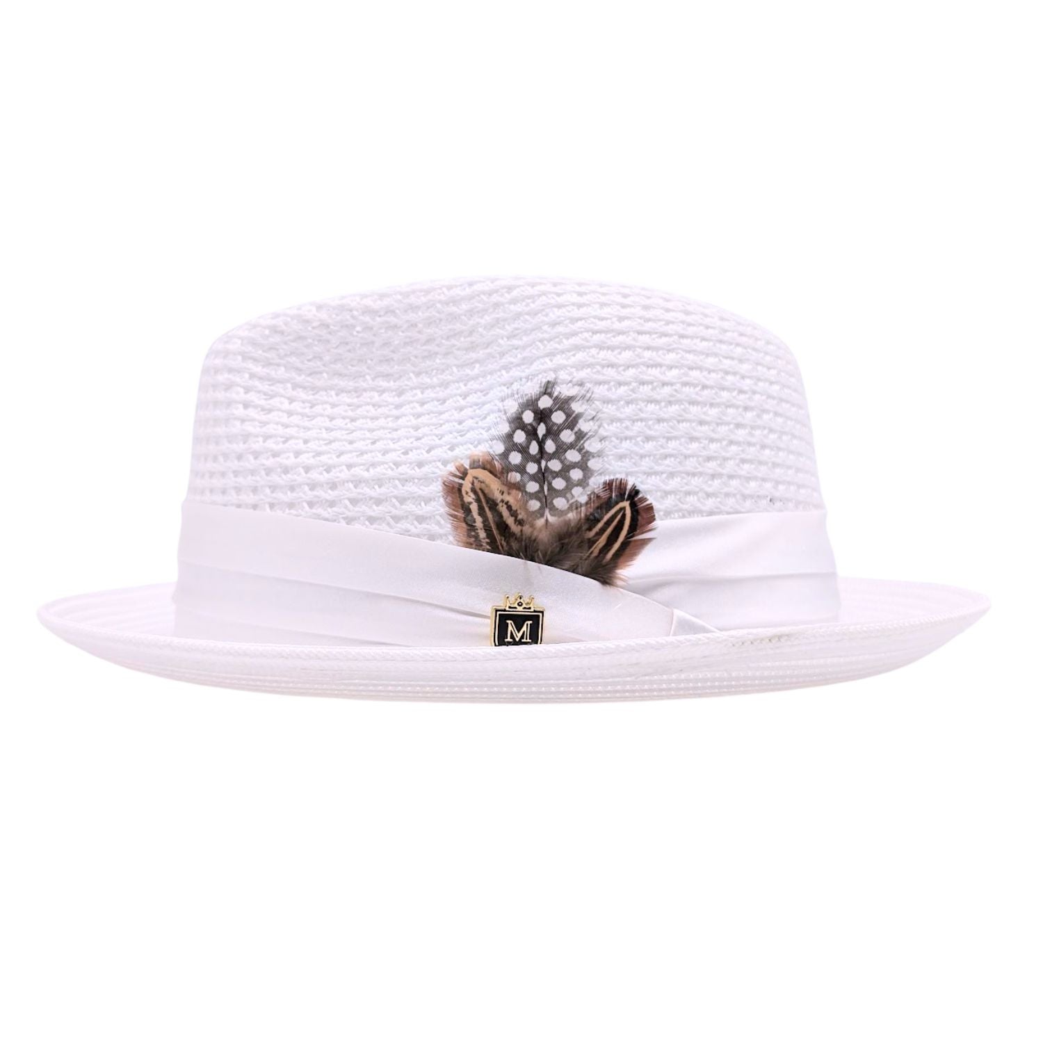 White Montique fedora hat side view with open weave crown, satin ribbon band, logo pin, and clean white brim
