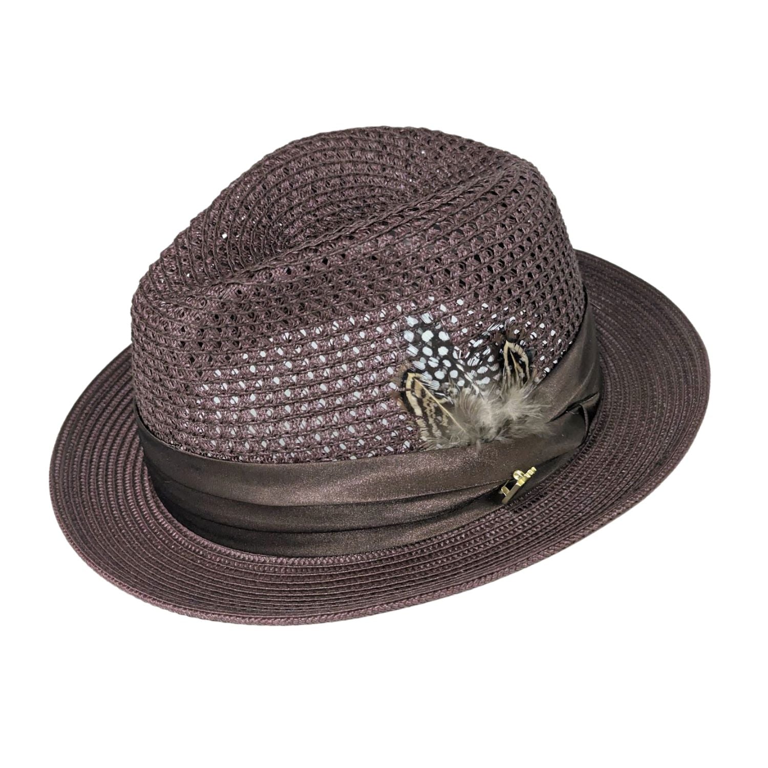Brown Montique fedora hat angled view with open weave crown, wide brim, feather detail, and satin band