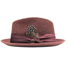 burgundy Montique fedora hat side view with feather accent, satin ribbon band, logo pin, and open weave crown