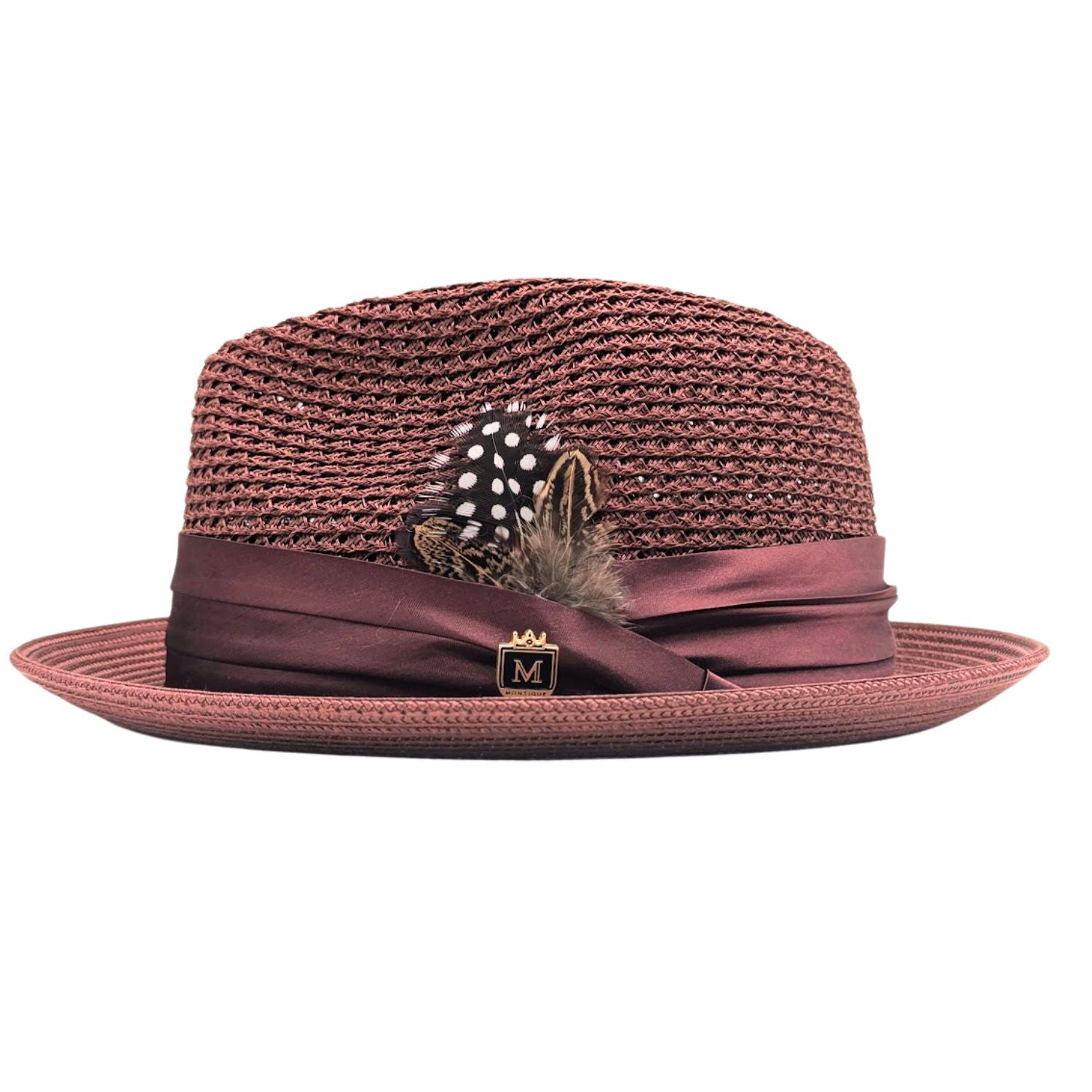 burgundy Montique fedora hat side view with feather accent, satin ribbon band, logo pin, and open weave crown