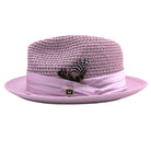 Lavender Montique fedora hat side view with open weave crown, matching satin band, feather accent, and gold Montique pin