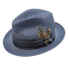 Slate and Montique fedora hat angled front view with with open woven crown, matching brim, and side feather detail