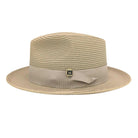 khaki straw fedora hat side view with matching ribbon band, structured crown, wide brim, and logo pin