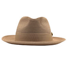 Camel brown Montique fedora hat front view with matching ribbon band, braided crown, and structured brim