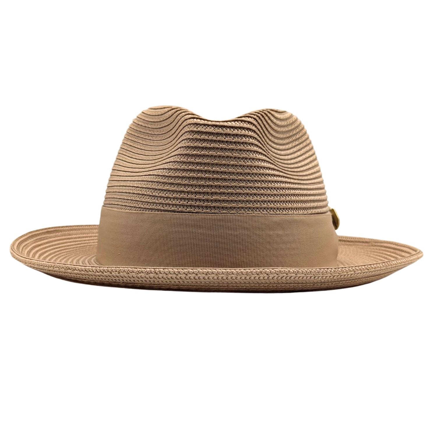 Camel brown Montique fedora hat front view with matching ribbon band, braided crown, and structured brim
