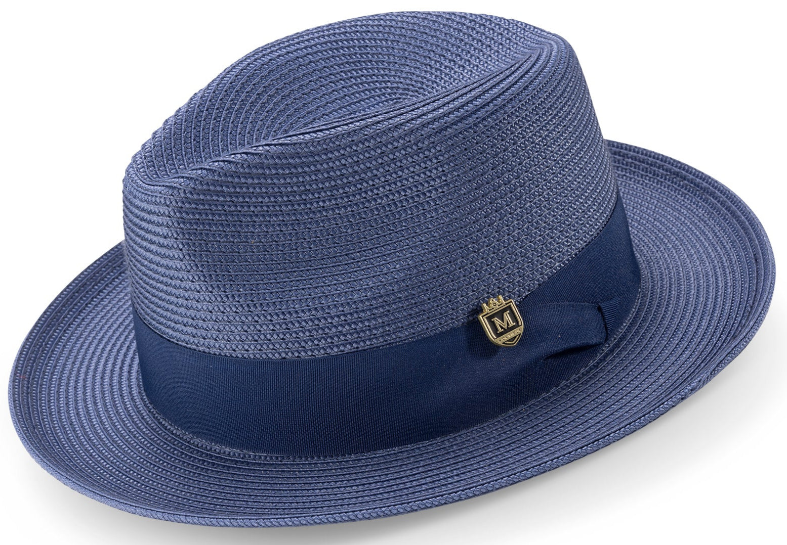 navy braided wide brim pinch crown fedora with grosgrain ribbon band