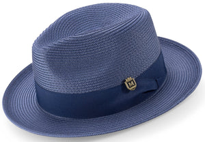 Aurorify Collection: Navy Braided Wide Brim Pinch Fedora Matching Grosgrain Ribbon Hat