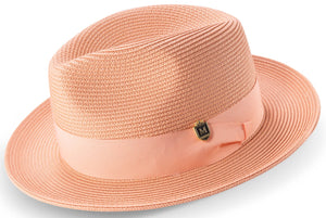 Aurorify Collection: Peach Braided Wide Brim Pinch Fedora Matching Grosgrain Ribbon Hat