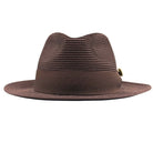 Brown Montique fedora hat front view with matching ribbon band, braided crown, and wide brim