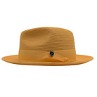 gold Montique fedora hat front view with matching ribbon band, side bow, logo pin, and structured brim