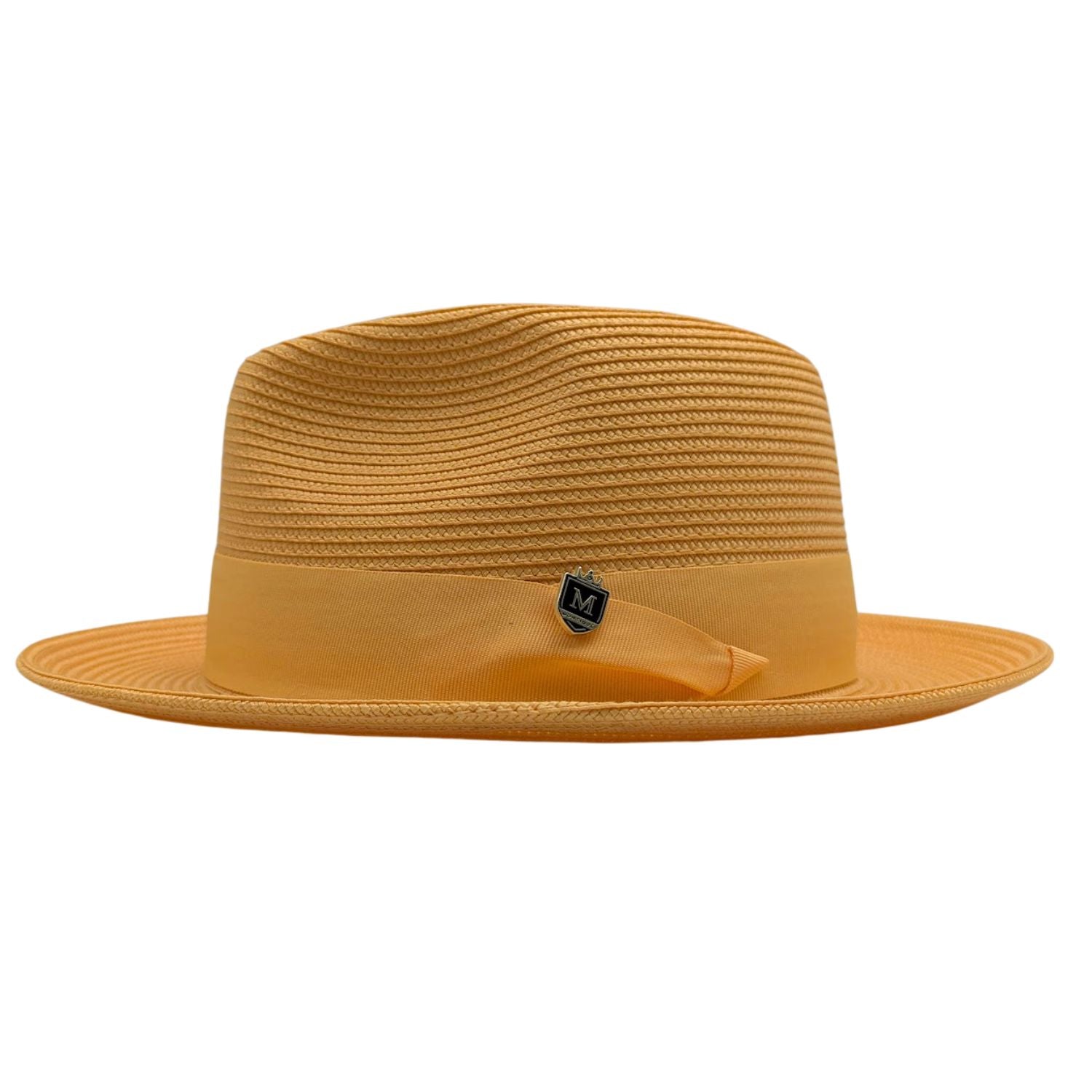 gold Montique fedora hat front view with matching ribbon band, side bow, logo pin, and structured brim