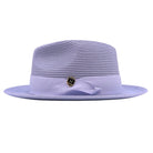 Lilac Montique fedora hat side view with wide brim, matching ribbon band, bow detail, and gold Montique pin