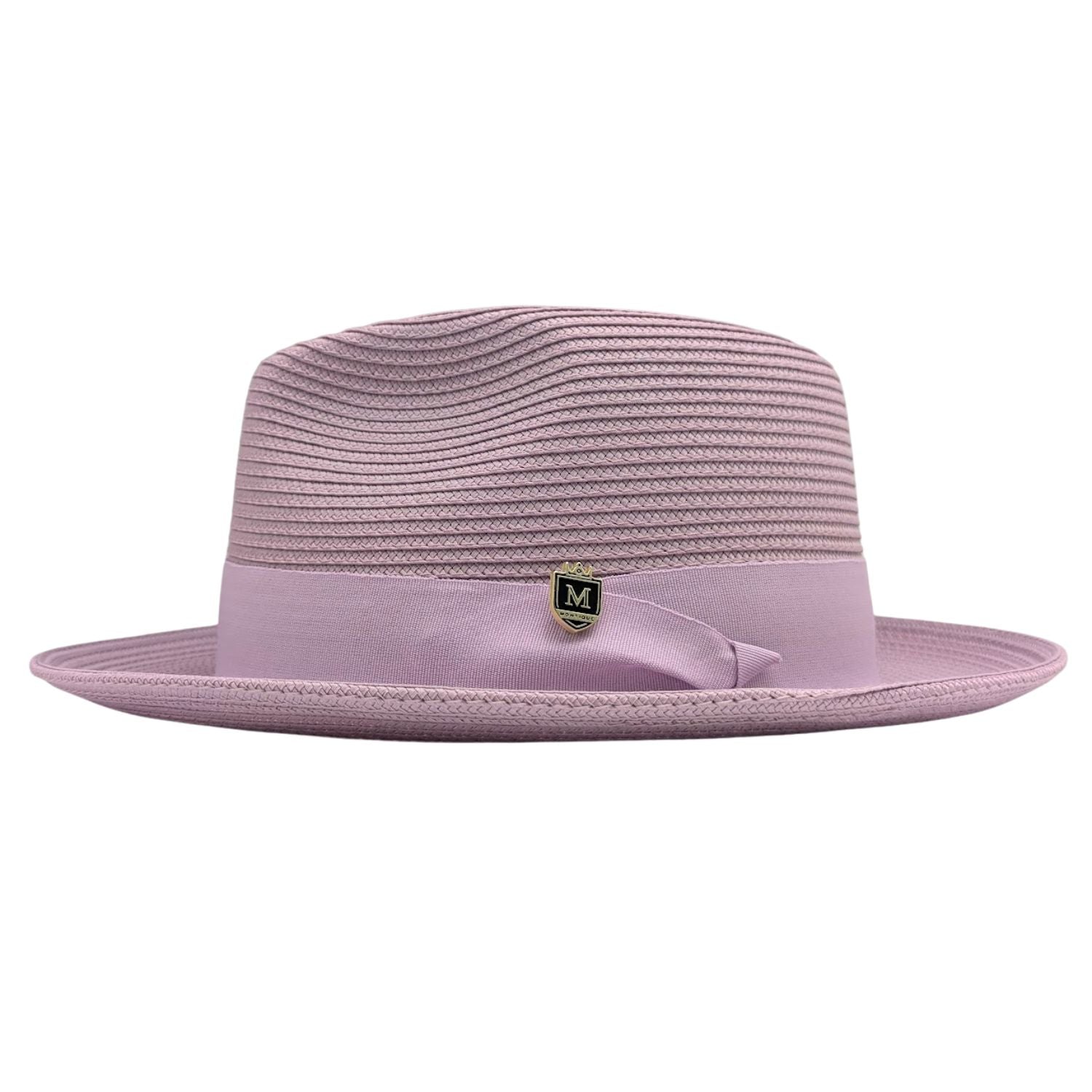 Mauve Montique fedora hat side view with wide brim, matching ribbon band, bow detail, and gold Montique pin